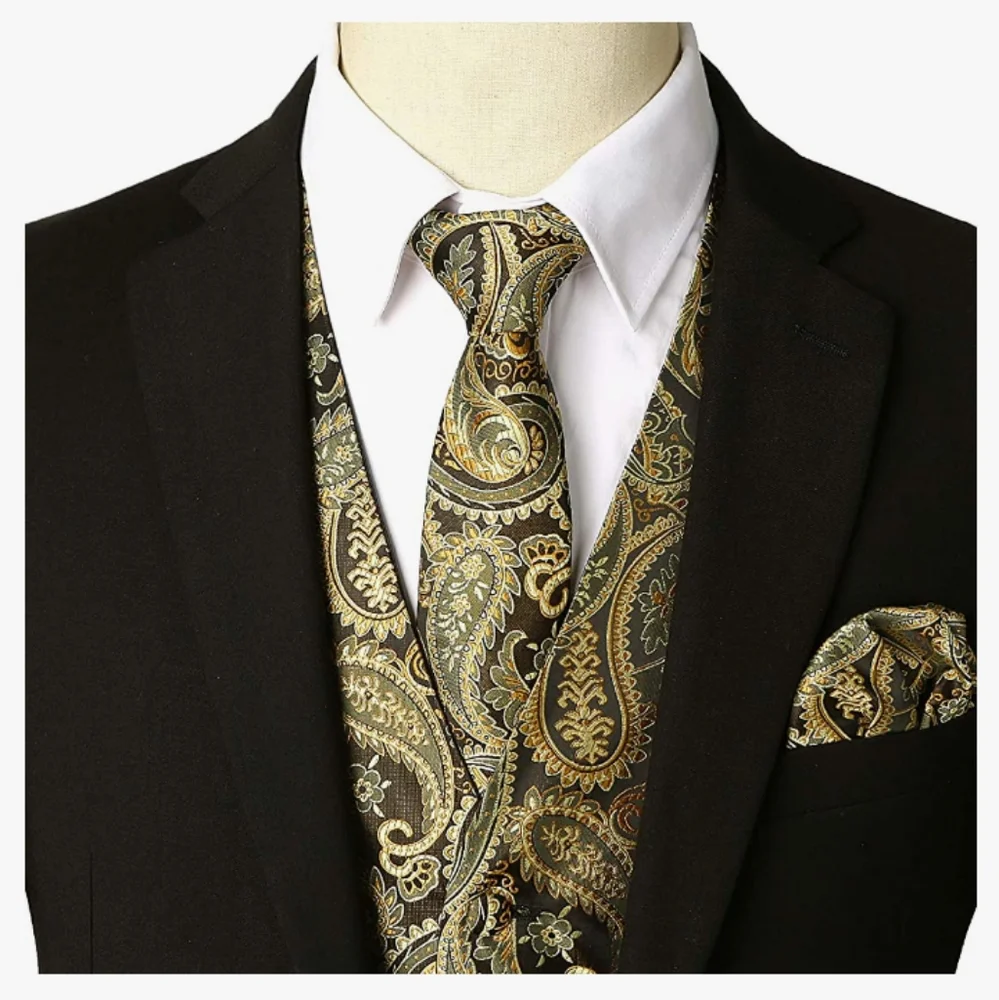 Zeroyaa Classic 3 Pc Black/Gold Vest Set With Tie & Pocket Square Size XXL NWT - Picture 4 of 11